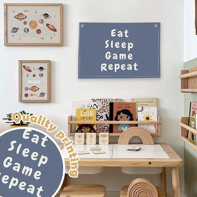 RTXLEZM Game Room Decor, Eat Sleep Game Repeat Canvas Banner | Preppy Navy Blue Gaming Wall Hanging for Kids Toddler Boys Nursery Room Bedroom Playroom Decor, 20x30 Inch