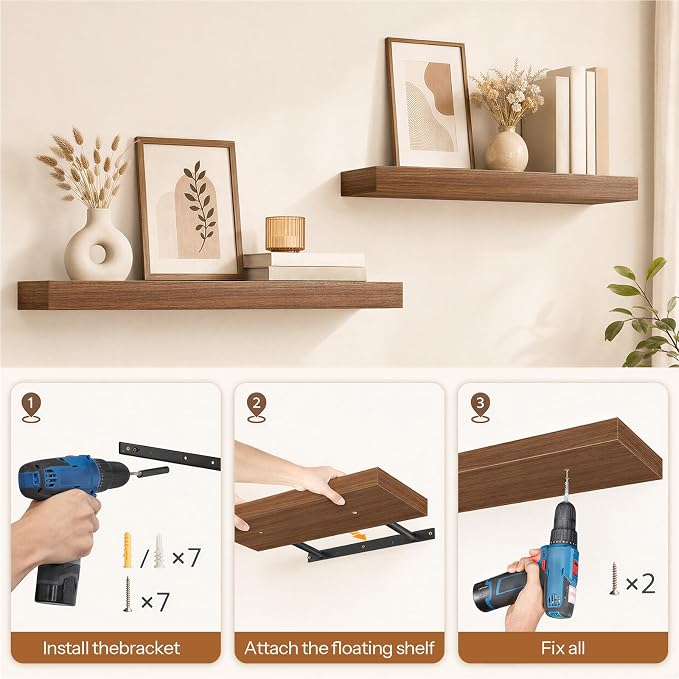 HOOBRO 31.5" Floating Shelves for Wall, Set of 2 Wall Mounted Shelf | Hanging Shelf with Invisible Brackets, for Wall Decor Storage in Bathroom Bedroom Kitchen Living Room Office, Walnut