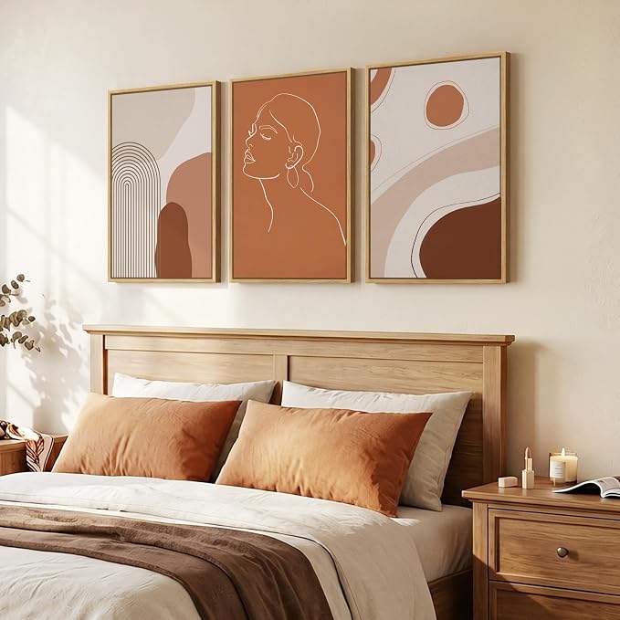 Framed Mid Century Modern Boho Wall Art for Living Room, 3 Piece Abstract Minimalist Line Canvas Artwork for Walls, Large Terracotta Tones Prints Paintings for Bedroom Hallway Wall Decor, 16x24 Inch