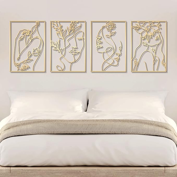 Glamativity 4 Pack Gold Wall Art Decor, Female Flower Face Lover Minimalist Décor Single Line Art Wall Décor, Real Metal Wall Art, Woman's Body Shape Abstract Wall Art, for Kitchen Bedroom Living Room (Gold Floral Lady Style, M Size 17 x 11.8'')