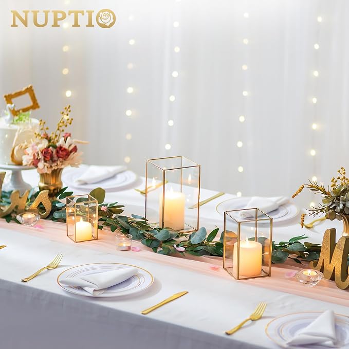 NUPTIO Hurricane Glass Candle Holders: 3Pcs Gold Lanterns Candle Holder for Pillar Candles Geometric Table Centerpiece for Outdoor & Indoor Wedding Christmas Holiday Party Decor 8.1 & 6.5 & 4.7 inch | Geometric Table Centerpiece for Outdoor & Indoor We...
