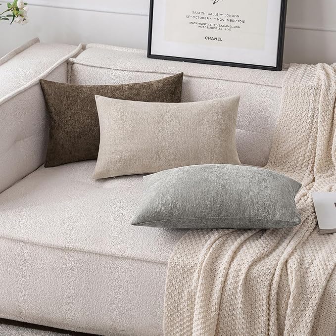 MIULEE Pack of 2 Beige Decorative Pillow Covers 12x20 Inch | Soft Chenille Couch Throw Pillows Farmhouse Cushion Covers for Home Decor Sofa Bedroom Living Room
