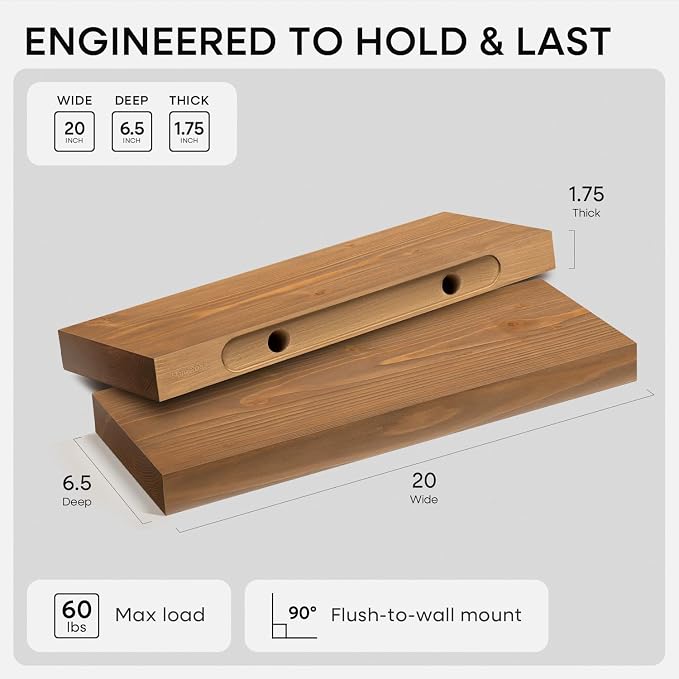 Homeforia 20 inch Golden Oak Floating Shelf, High End Solid Real Wood 20inch Small Floating Shelves for Wall Mounted, Oak Wooden 20in Floating Shelves, Heavy Duty Bracket, 20 X 6.5 X 1.75 in, Set of 4