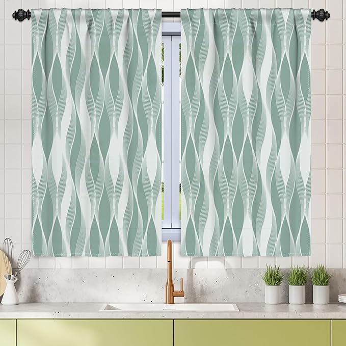 Renaiss 26 x 54 Inch Blue Green Wave Stripes Cafe Kitchen Curtain Tiers Geometric Pattern Cafe Short Curtains Linen Textured Rod Pocket Window Treatmen Curtain for Dining Room Bathroom 2 Panels