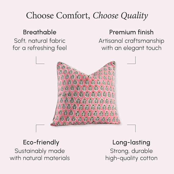 CPC 100% Cotton Throw Pillow Covers 24x24 Inch, Set of 2 Green Block Print Pattern Couch Pillow, Cute Boho Decorative Pillows for Living Room, Bedroom with Hidden Zipper- Poppy Pink