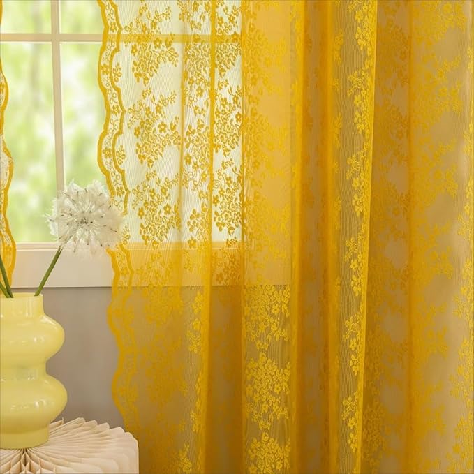 YJ YANJUN Vintage Lace Curtains 72 Inches Long-Victorian Floral Pattern Mustard Yellow Sheer Curtain Panels for Living Room Bedroom,Light Filtering, Summer Drapes 2 Panels 52W x 72L