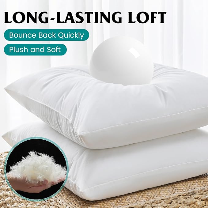 Oubonun 18 x 18 Down Feather Pillow Inserts - Fluffy and Plush Odor-Free Fill - 100% Breathable Cotton Fabric for Couch Sofa Bed, White, Pack of 4