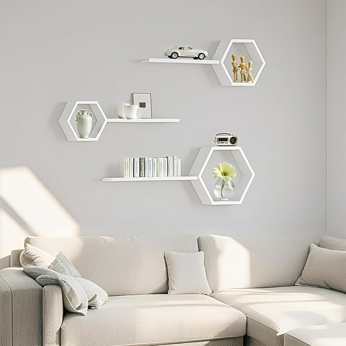 ZGZD Set of 3 White Wooden Hexagon Wall Shelves - Modern Decorative Storage for Home, Kitchen, Office – Stylish Floating Shelves for Small Plants, Books, and Decor