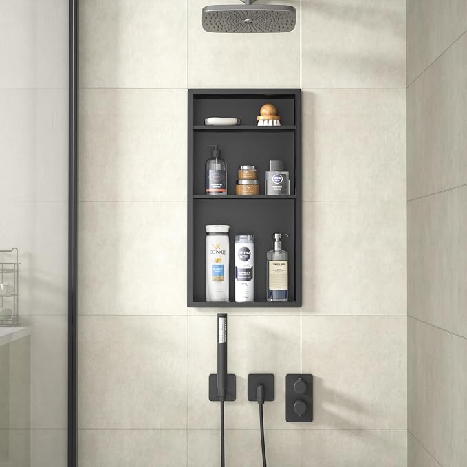 Stainless Steel Shower Niche 24" X 12" Matte Black No Tile Needed Vertical Niche Shower with Three-Tier Shelves Recessed Wall Niches for Bathroom Storage Over Mount Installation