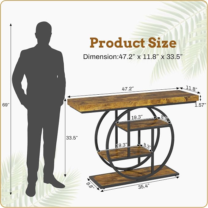 Entryway Table for Foyer,47.2 Inch Industrial Narrow Console Table,Accent Decor Living Room Furniture,Hallway & Sofa Table for Entrance,4-Tier Storage Shelves,Metal Frame,Thick Wood Top