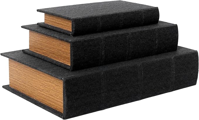 DECOR4SEASON Decorative Book Boxes Set of 3 – Modern Faux Linen & Wood Hidden Storage for Coffee Table – Stackable Fake Books for Shelf Decor, Remote Control & Jewelry Organizer (Black)