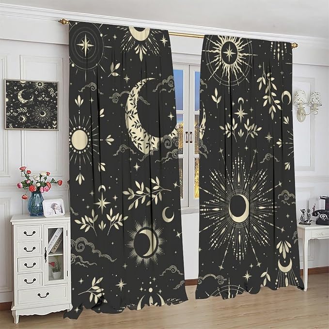 Golden Sun Moon Blackout Curtain, Bohemian Universe Sun Moon Clouds Stars Art Print Window Drapes, for Bedroom Living Room 55" W X 63" L