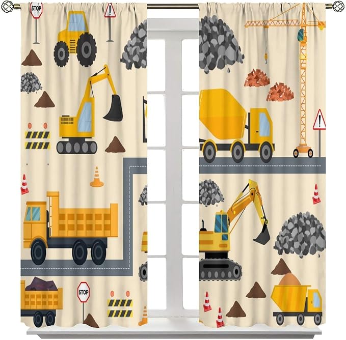 Cartoon Car Blackout Curtain,Boys Kids Construction Equipment Vehicles Excavator Window Curtains Dining Room Living Room Kitchen Cafe Bedroom Office Nursery Drapes,42x63 in