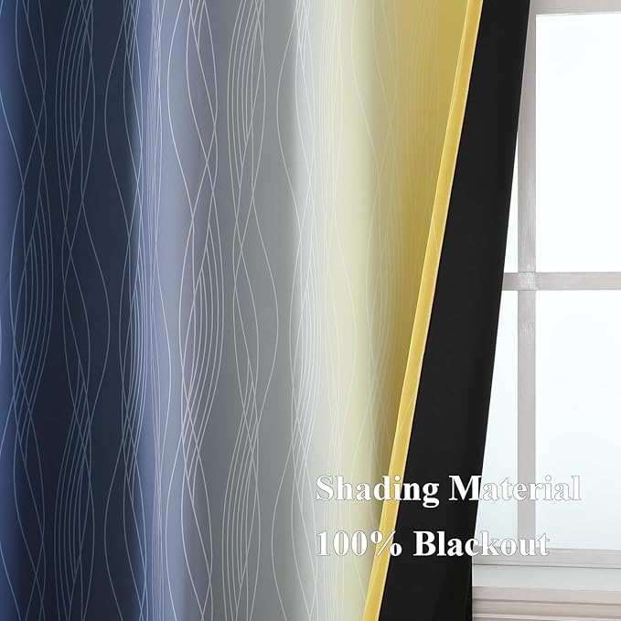 Estelar Textiler Navy Blue and Yellow Ombre Blackout Curtains 45 Inch Length 2 Panels, Full Room Darkening Gradient Drapes for Bedroom, Thermal Insulated Grommet Short Curtains for Bathroom,42Wx45L