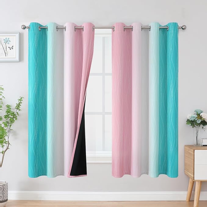 Estelar Textiler Pink and Teal Blackout Curtains for Kids Room, Full Room Darkening Grommet Ombre Curtains for Bedroom, Thermal Insulated Light Blocking Gradient Drapes, 52Wx63L, 2 Panels