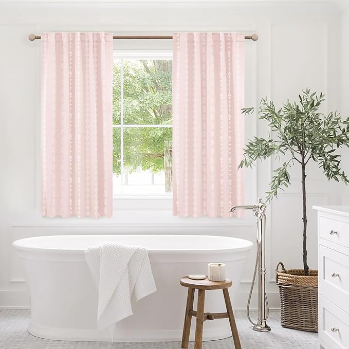 Lino Rosa Light Pink Striped Curtains for Girls Room, Semi Blackout Nursery Curtains Baby Girl, Short Boho Cute Curtains for Bedroom