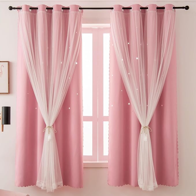 Pink Curtains Cute Blackout Curtains for Girls Bedroom 72 Inches Long Single Panel Star Cutout Nursery Curtains & Drapes Double Layer with Lace Overlay Baby Kids Room Decor 72 Inch Length