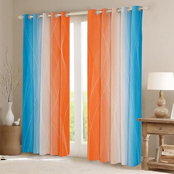 jejeloiu (2 Panels, 52 x 96 Inch Orange and Blue Darkening Drapes Strip Lines Curtains for Bedroom Living Room for Kids Women Men Ombre Printed Blackout Curtains Geometric Window Treatments