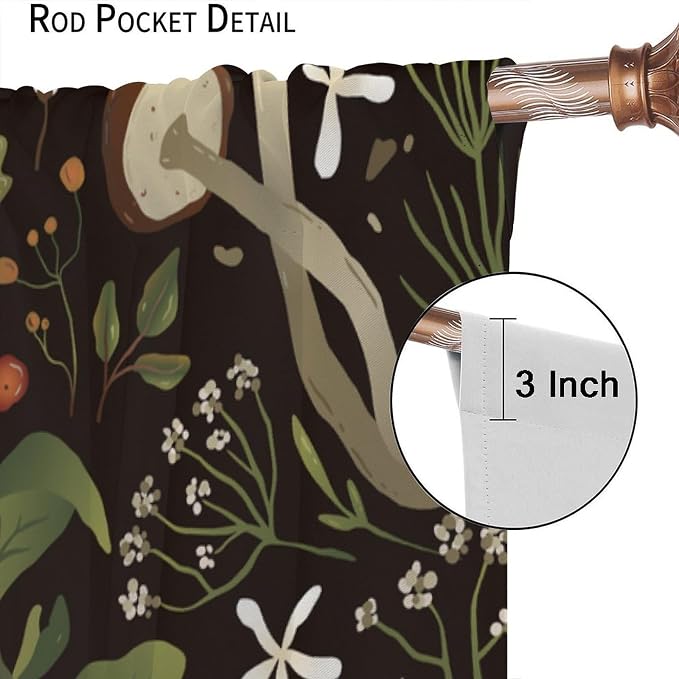 Rustic Mushroom Curtains, Vintage Woodland Wild Chamomile Flowers Mushroom Plants Leaves Print Blackout Window Drapes for Kitchen Bedroom Livingroom, 72" W X 63" L