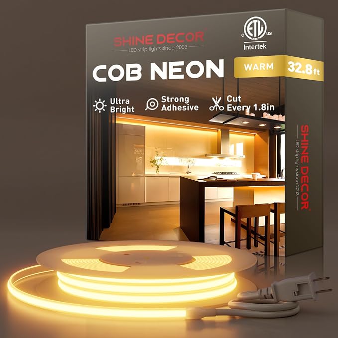 Shine Decor COB LED Rope Light AC 120V, 800lm Ultra Bright, IP65 Waterproof Cold-Resistant ETL Neon Strip, No Driver Tape Lighting for Home Commercial 10x4.5mm, 2800K Warm White, 32.8ft