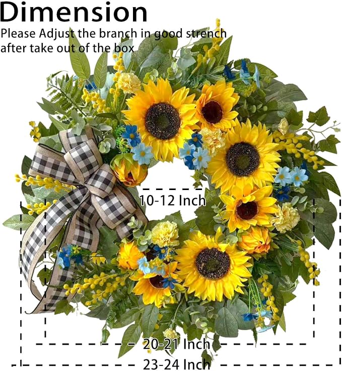 WANNA-CUL 24 Inch Summer Sunflower Wreath Linen Ribbon Front Door Wreath | Classic Farmhouse Door Wreath For Spring,Porch Indoor & Outdoor Mother's Day Decor With Daisies And Buffalo Check Ribbon.
