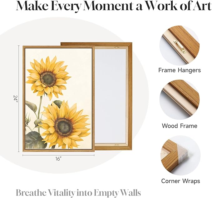 3 Piece Large Framed Floral Sunflower Wall Art for Bedroom, Farmhouse Rustic Botanical Canvas Paintings Prints, Yellow Flower Picture Artwork Wall Decor for Living Room kitchen Hallway 16x24 Inch
