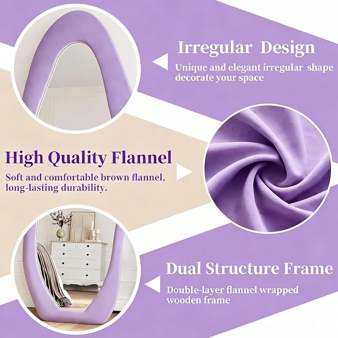 Dewfig Full Length Mirror, 63" x 24"Irregular Mirror, Large Floor Length Mirrors Wall Mounted, Standing Mirrors with Flannel Wrapped Wooden Frame for Bedroom/Living Room, Purple