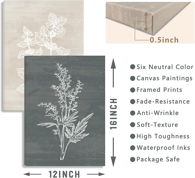 BINCUE Neutral Botanical Plant Canvas 6 Pieces Wall Art Rustic Wall Decor Farmhouse Wall Paintings Botanical Prints Simple Plants Wall Pictures Minimalist Flower Decor for Living Room Bedroom Bathroom Office Dining Room 12"x 16"