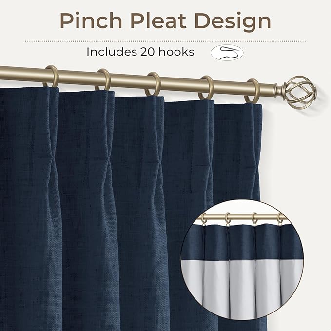 CAPALOCA Pinch Pleated Curtains Blackout, Linen Blackout Curtains 96 inches Long 2 Panels Set for Bedroom, Thermal Insulated Pinch Pleated Drapes for Living Room, 40" W x 96" L (Pack of 2), Navy Blue
