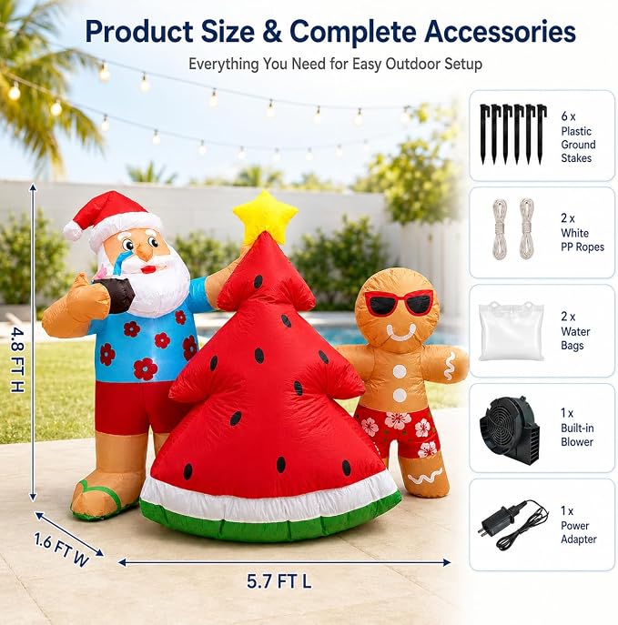 5.7FT Christmas in July Santa Inflatable Outdoor Decoration, Hawaiian Santa with Watermelon Tree and Gingerbread Man, Pre-Lit Blow Up Christmas Yard Decor with LED Lights for Lawn Garden
