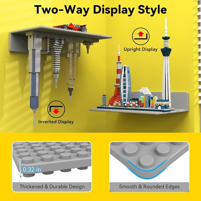 BlissBox 4-Pack Display Shelves for Wall Compatible with Lego Building Bricks, 11.3x6.3inch Dual‑Sided 36x20 Studs for Toy Brick Storage and Display, ABS Display Shelves for Room Decor, Gray