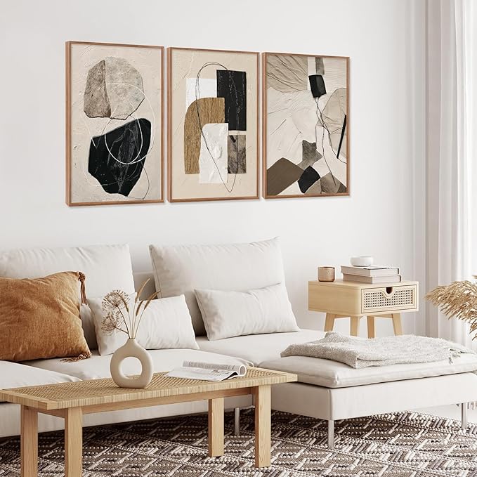 CHDITB Minimalist Geometric Framed Canvas Wall Art Set, Abstract Geometric Texture Wall Decor, Black Beige Wall Painting, Modern Art Prints for Living Room Bedroom Office 16"x24"x3