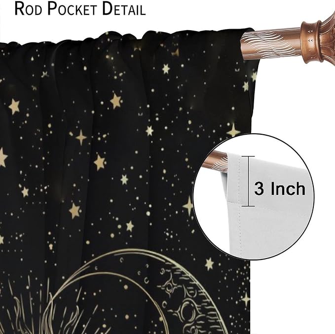 Sun Moon Blackout Windows Curtains, Golden Sun Moon and Stars Black Sky on Bohemian Style Curtains, for Living Room Bedroom 52x84in 2 Panels