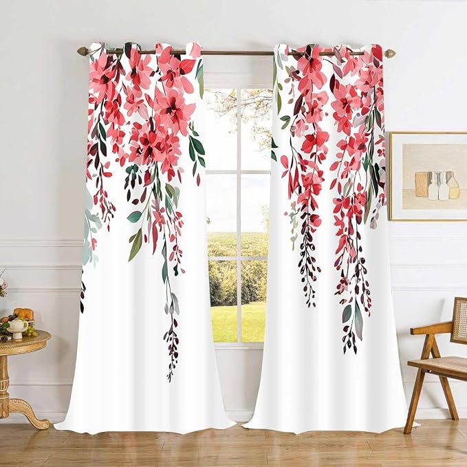 Red Watercolor Floral Curtains, Botanical Leaves Vine Flowers Curtain, Rustic Farmhouse Flower Leaf Blackout Window Treatment Drapes for Bedroom Living Room 42x96 inch, 2 Panels