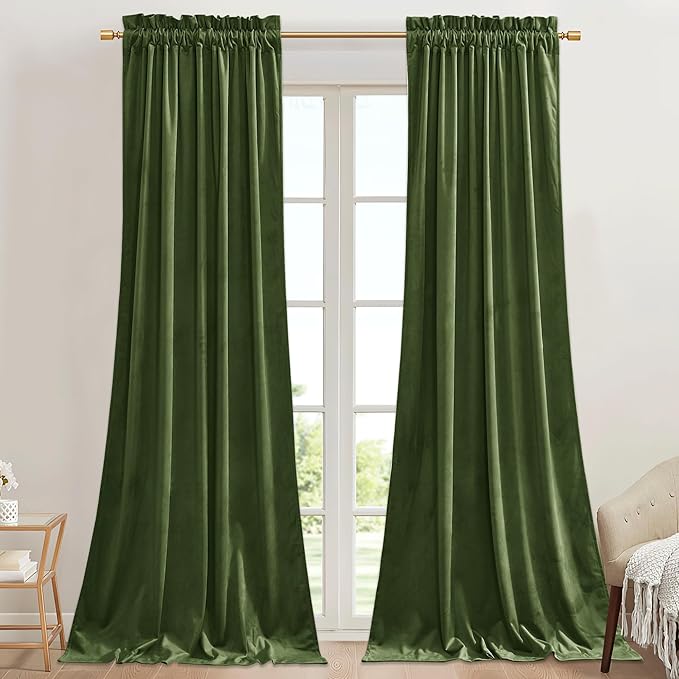 StangH 62 inches Wide Moss Green Thermal Insulted Curtains, 2 Panels | 300GSM Soft Velvet, Noise Dampening Bedroom Window Drapes, Christmas Holiday Decor, Thermal Insulated, Sliding Door, Gifts
