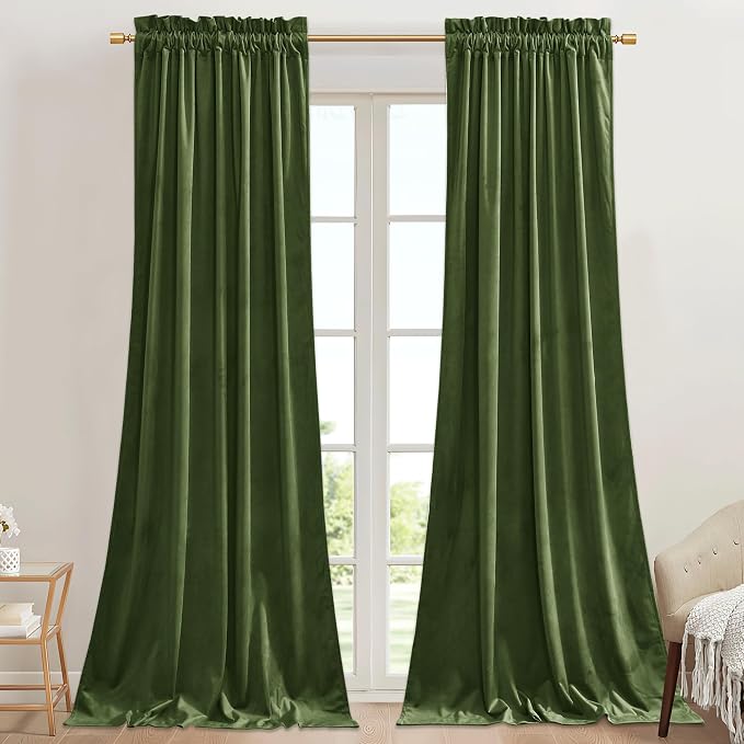 StangH Moss Green Velvet Privacy Curtains 90 inch for Doorway, 2 Panels | 300GSM Soft Velvet, Noise Reducing Privacy Living Room Window Drapes, Christmas Decor, Thermal Insulated, Sliding Door