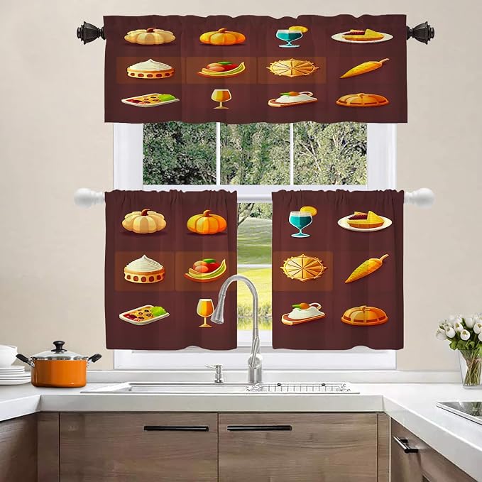 Shrahala Happy Thanksgiving Day Blackout Short Curtains for Windows, Pumpkin Turkey Bird Leaves Kitchen Valance Thermal Insulated Rod Pocket Window Treatment for Bathroom 2 Pack 52 X 16 in