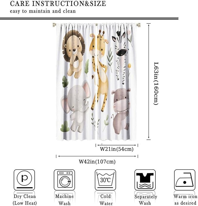 Nursery Curtains Jungle Safari Theme with Giraffe Print, Kids Room Classroom Decor, 42x63 Inches, 75% Blackout Fabric for Baby Nursery, Animal Cub Design, Easy Install & Machine Washable
