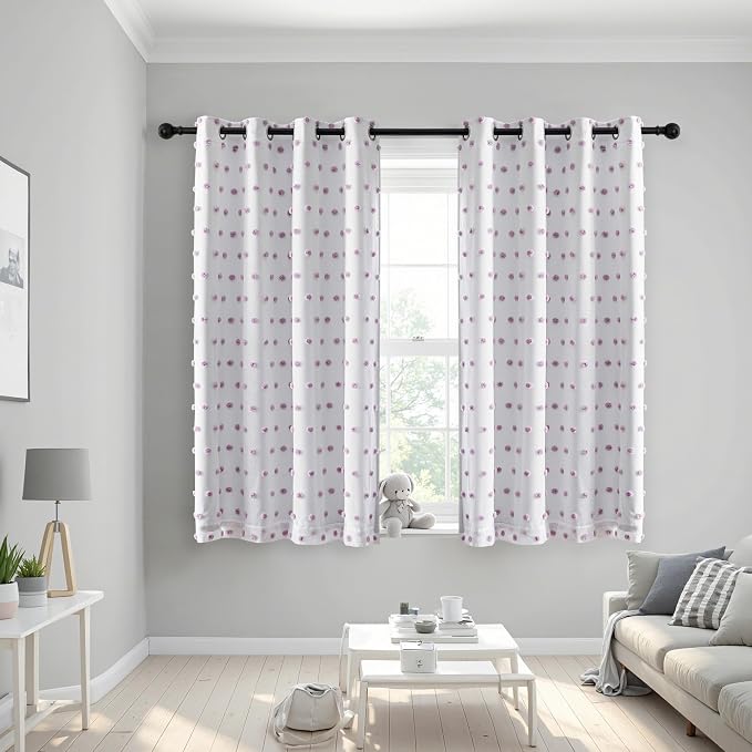 MEETSKY 100% Blackout Curtains for Girls Bedroom 63 Inch Length 2 Panels,Full Light Blocking Purple Pom Pom Curtains for Kids Room,Room Darkening Kitchen Window 2 Layered Drapes 52W x 63L