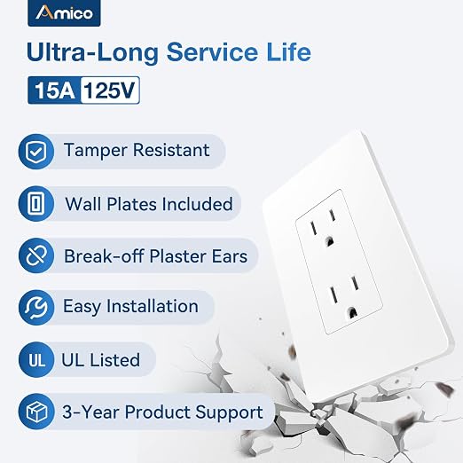 Amico Wall Outlet, UL Listed, Tamper Resistant Standard Electrical Outlet, Decorator Receptacle, Suitable for Home and Business, 125V/1875W, White, 15 Amp - Screwless Wall Plate, 30 Pack