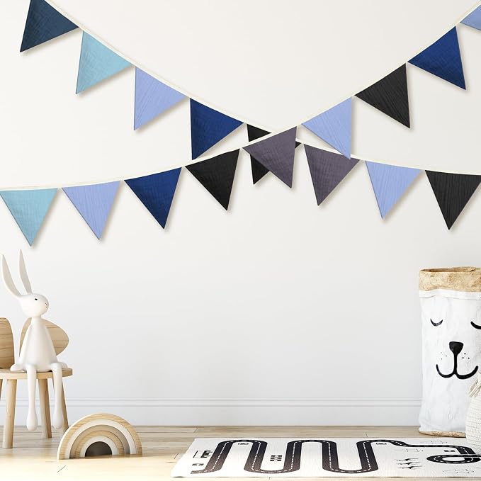 Oudain 2 Pcs Pennant Banner Flags Nursery Garland Triangle Bunting Flags Playroom Wall Decor Banner for Nursery Baby Shower Birthday Boho Wedding Party Event, Each 7.75 ft(Blue Color)