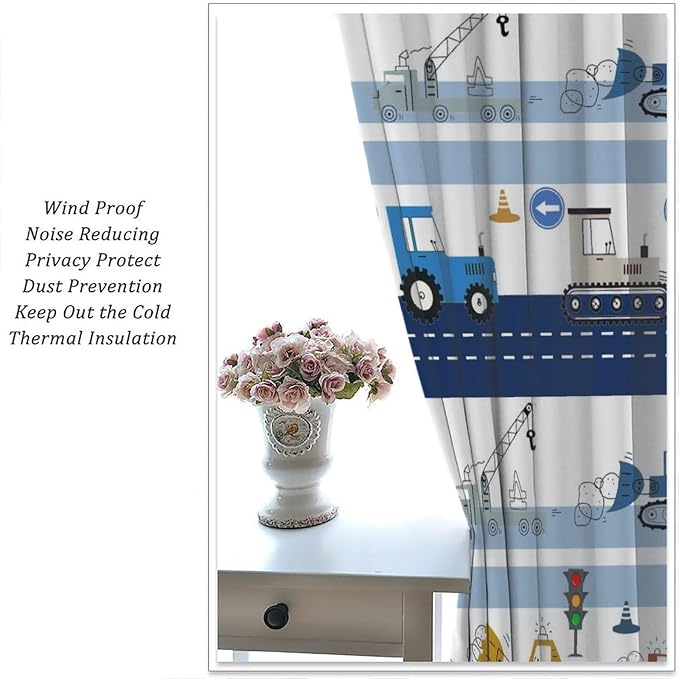 Cartoon Car Window Curtain,Equipment Trucks Excavator Tractor Kids Boys Home Decor Rod Pocket Bedroom Cafe Dining Room Living Room Kitchen Office Nursery Drapes, 52x84 in