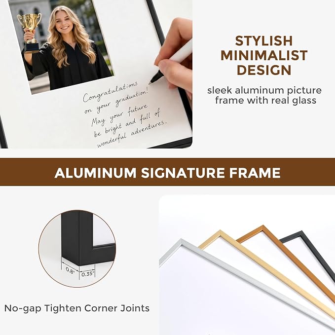 Signature Picture Frame 18x18, Aluminum Signable Frame with Glass, Black | Sleek Black Signable Frame with 8x8 for Wedding, Graduation, Birthday & Baby Shower Guest Book| Real Glass & Wall Kit