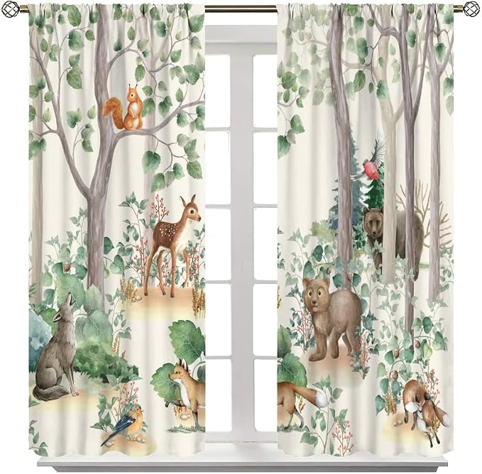 Forest Animal Kids Curtains, Wild Rustic Bear Fox Deer Children Cartoon Window Treatments for Living Room, Watercolor Blackout Drapes 2 Panel Sets,52x84 Inch