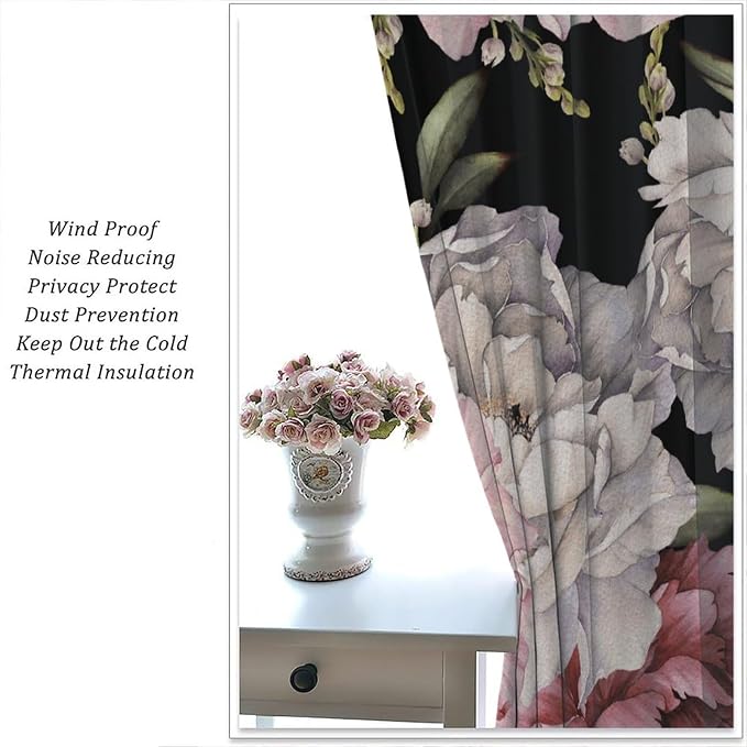 Black Boho Floral Curtain Vintage Watercolor Rose Peony Retro Pink Blossom Flowers Rustic Spring Lea for Home Kitchen Livingroom Coffee Room Curtains Drapes 2 Panels 42x63in