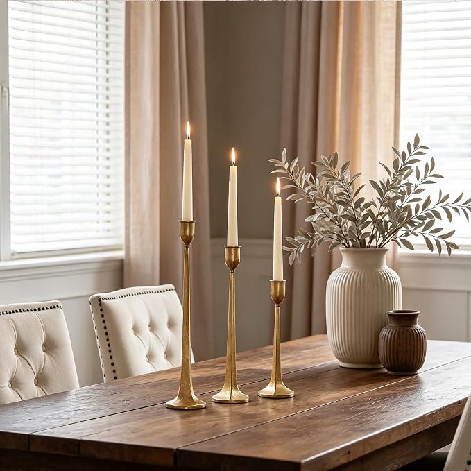 Gold Taper Candle Holders Set of 3, Heavy Candlestick Holders Decorative Candle Stand for Table Centerpiece, Cast Iron Candle Stick Holder Decor