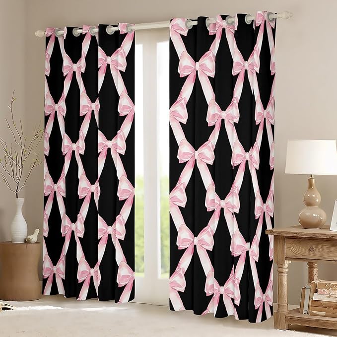Erosebridal Pink Bow 42" Wx84 L Curtain for Girls,Ribbon Bowknot Kids Window Curtain Watercolor Geometric Bow Tie Window Treatments Black Modern Bowknot 30%-50% Blackout Curtains for Bedroom