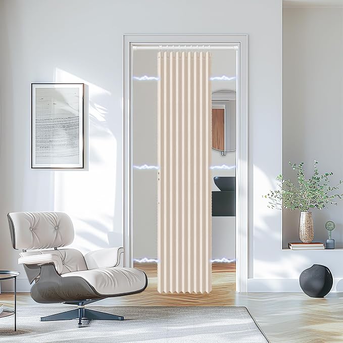 AJAZZ Set: Curtain Rods No Drilling (38-53" W Adjustable Range) & Accordion Door Curtain, Beige 53W×78" L, Accordion Doors for Closet Doorway Room Divider