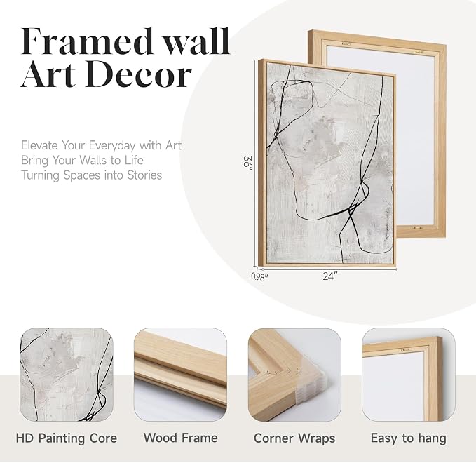 Framed Gray Abstract Wall Art for Living Room, Large Set of 2 Modern Minimalist Canvas Artwork for Walls, Contemporary Black Line Paintings Prints Wall Decor for Bedroom Dining Room Hallway, 24x36 In