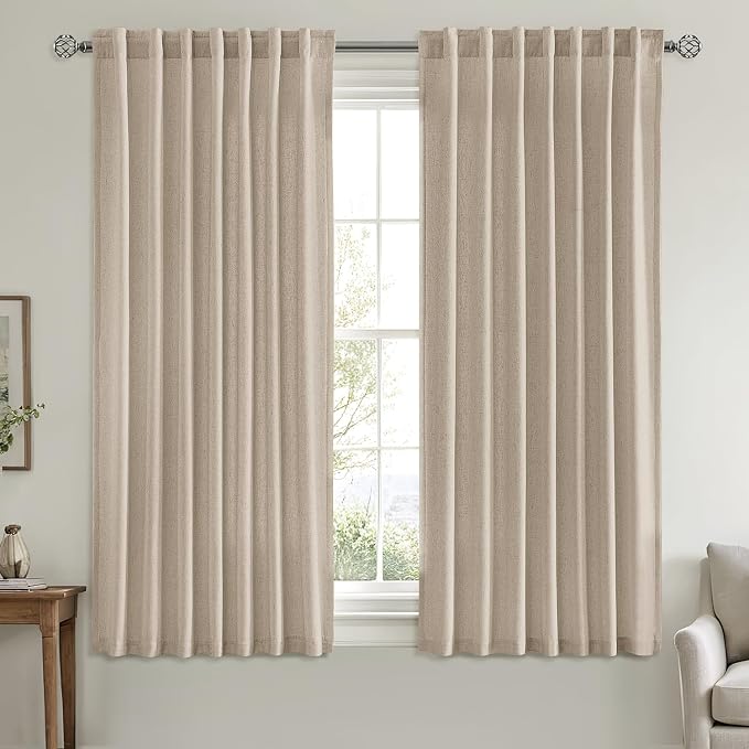 MIULEE Non-See-Through Privacy Linen Curtains 2 Panels, Light Filtering Window Curtains Farnhouse Textured Back Tab Semi Sheer Drapes for Bedroom Living Room, 52 x 63 Inches Long, Taupe